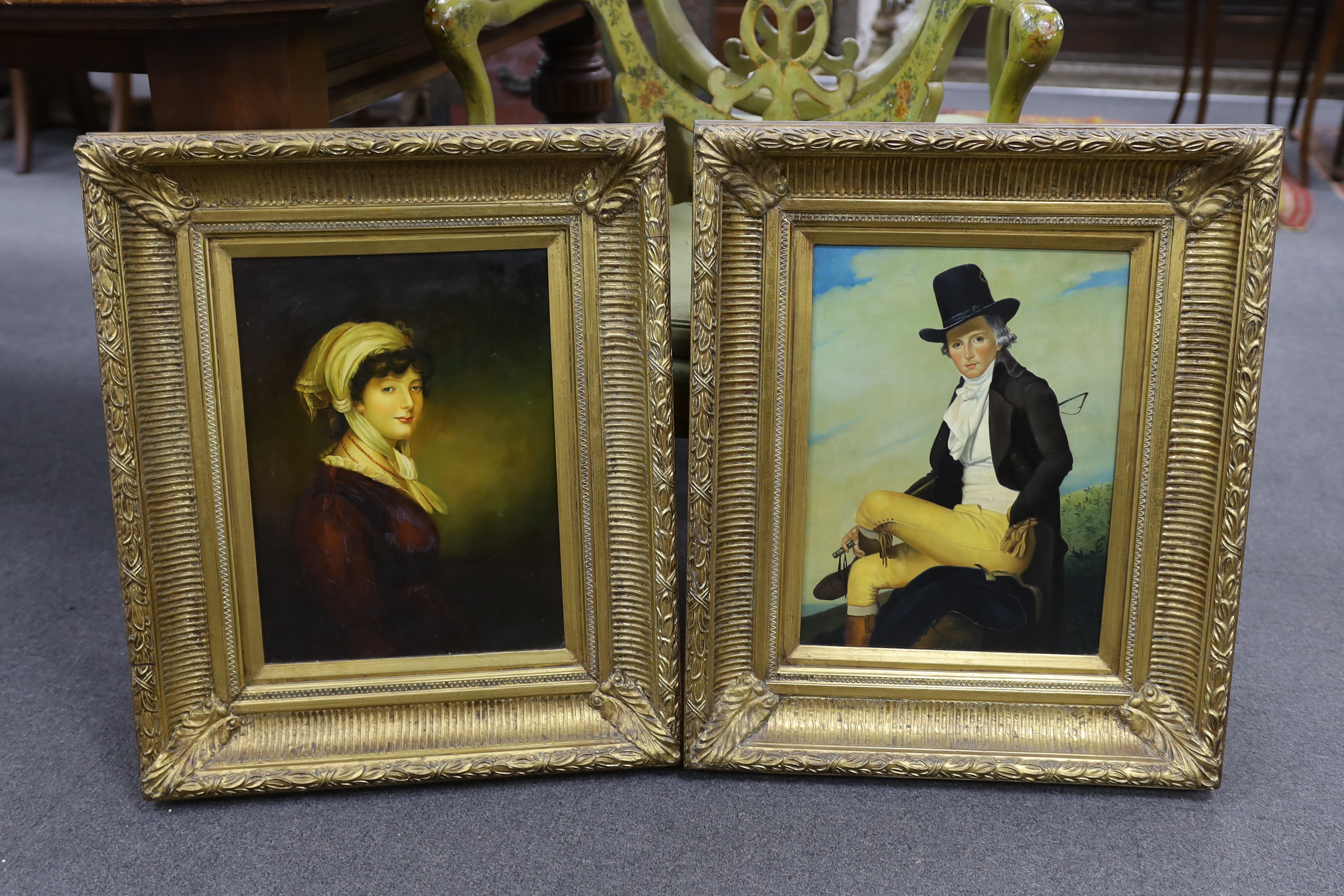 After Jacques Louis David (1748-1825), oil on board, Portrait of Pierre Seriziat together with another oil on board, portrait of a lady, ornate gilt framed, 39 x 29cm